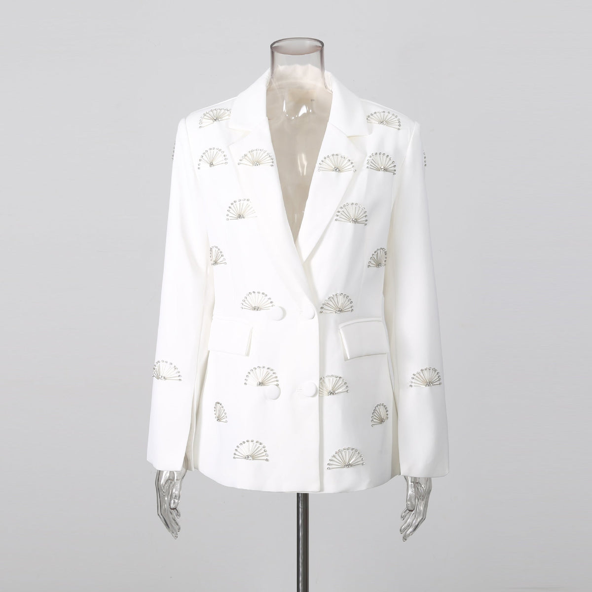 Rhinestone Fan Motif Double Breasted Notched Lapel Tailored Blazer Jacket