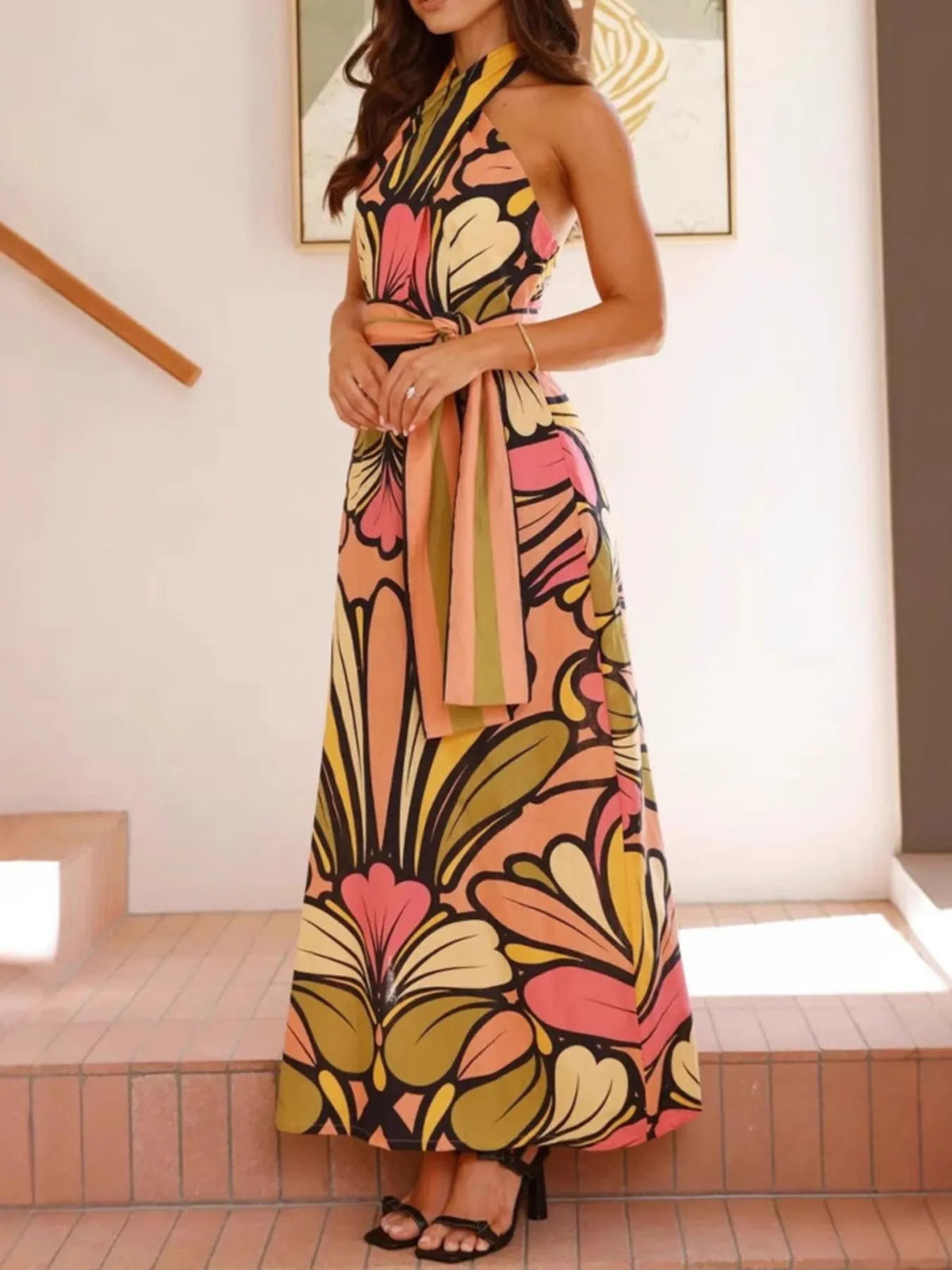 Printed Halter Neck Maxi Cami Dress