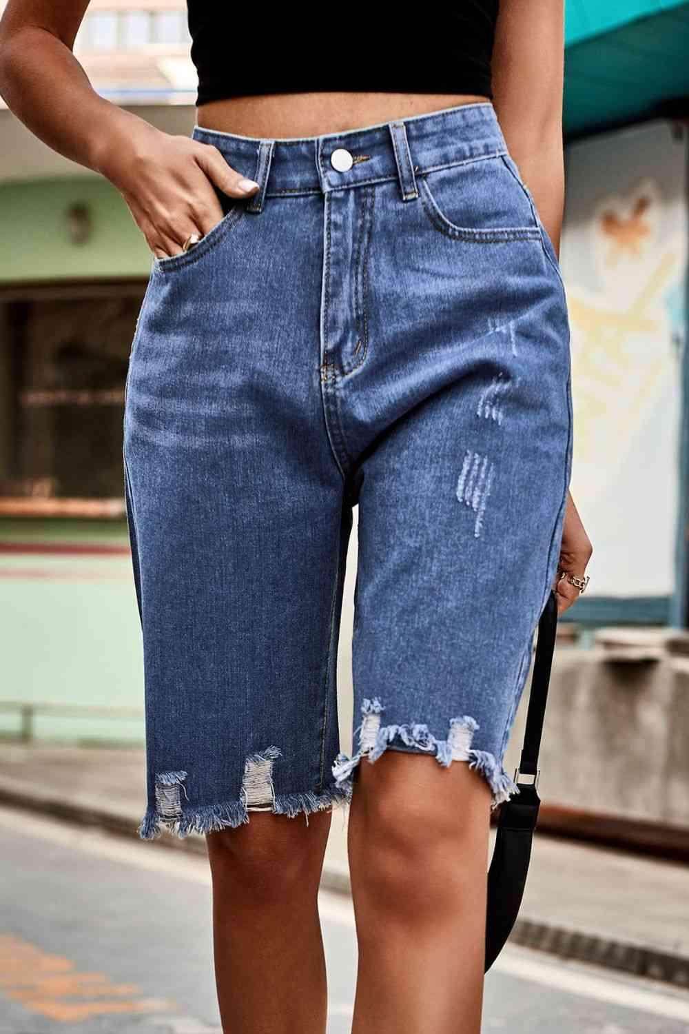 Raw Hem High Waist Denim Shorts with Pockets for Women