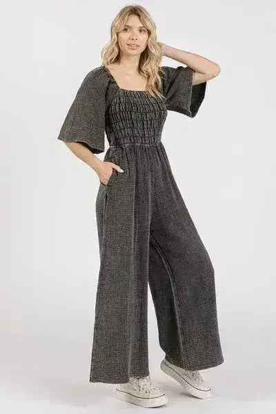 Mineral Wash Gauze Mittoshop Jumpsuit - Ruched Wide Leg Romper | Femstylo