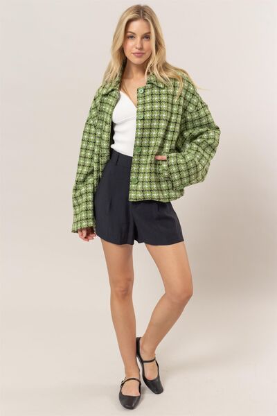 Cute Green Tweed Plaid Button Up Collared Neck Jacket Classic &amp; Elegant Layering Piece Everyday Jacket