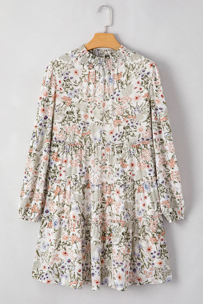 Floral Printed Mock Neck Long Sleeve Mini Dress Stylish Charming Printed Dress For Women