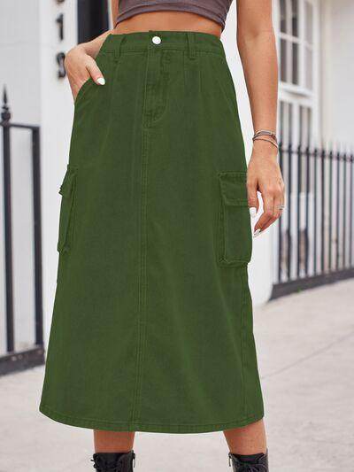 Slit Buttoned Denim Skirt with Pockets for Women