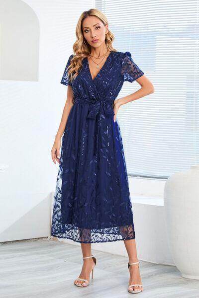 Sequin Leaf Embroidery Tie Front Short Sleeve Dress for Women