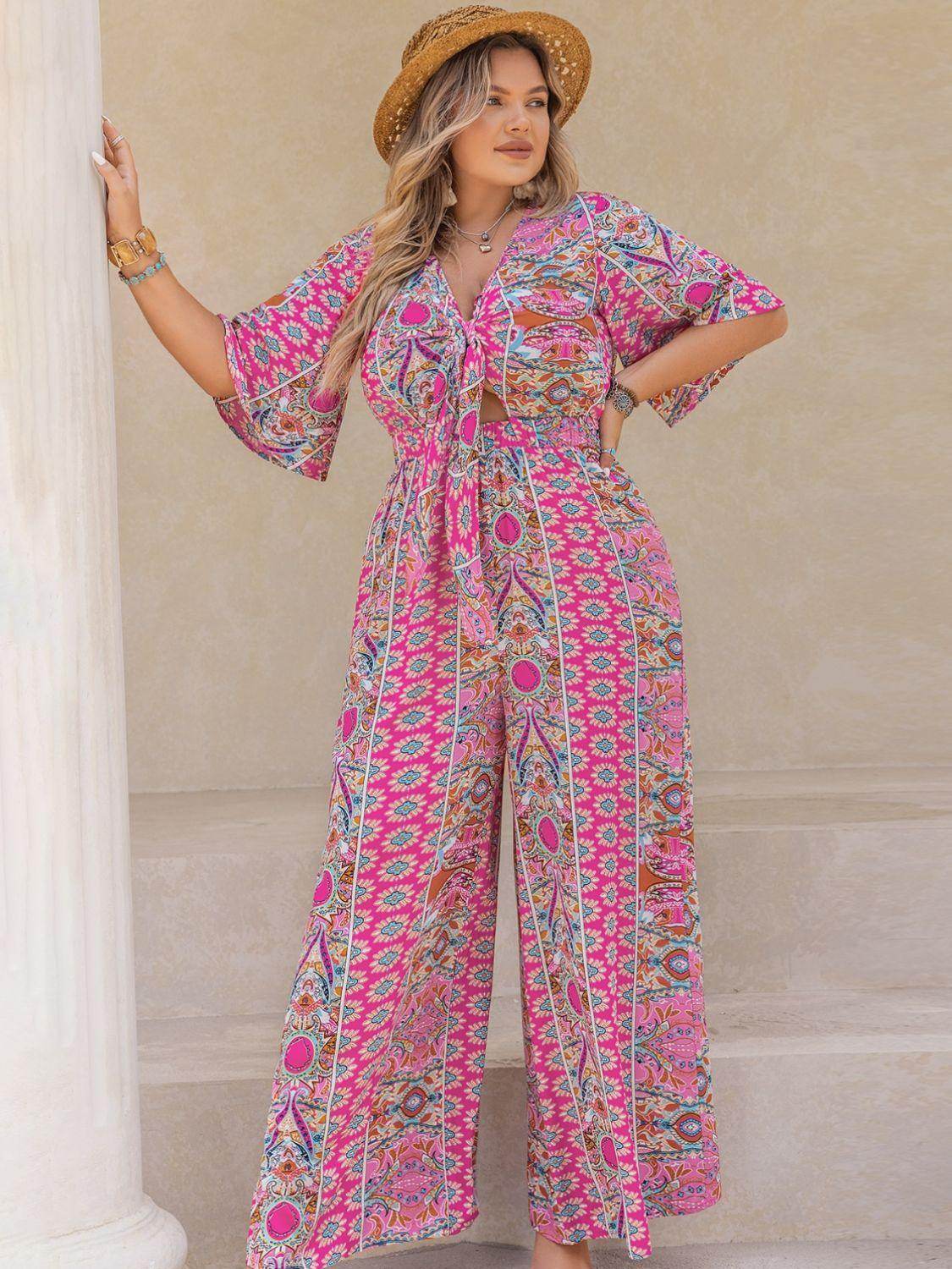 Plus Size Printed Half Sleeve Wide Leg Jumpsuit for Women