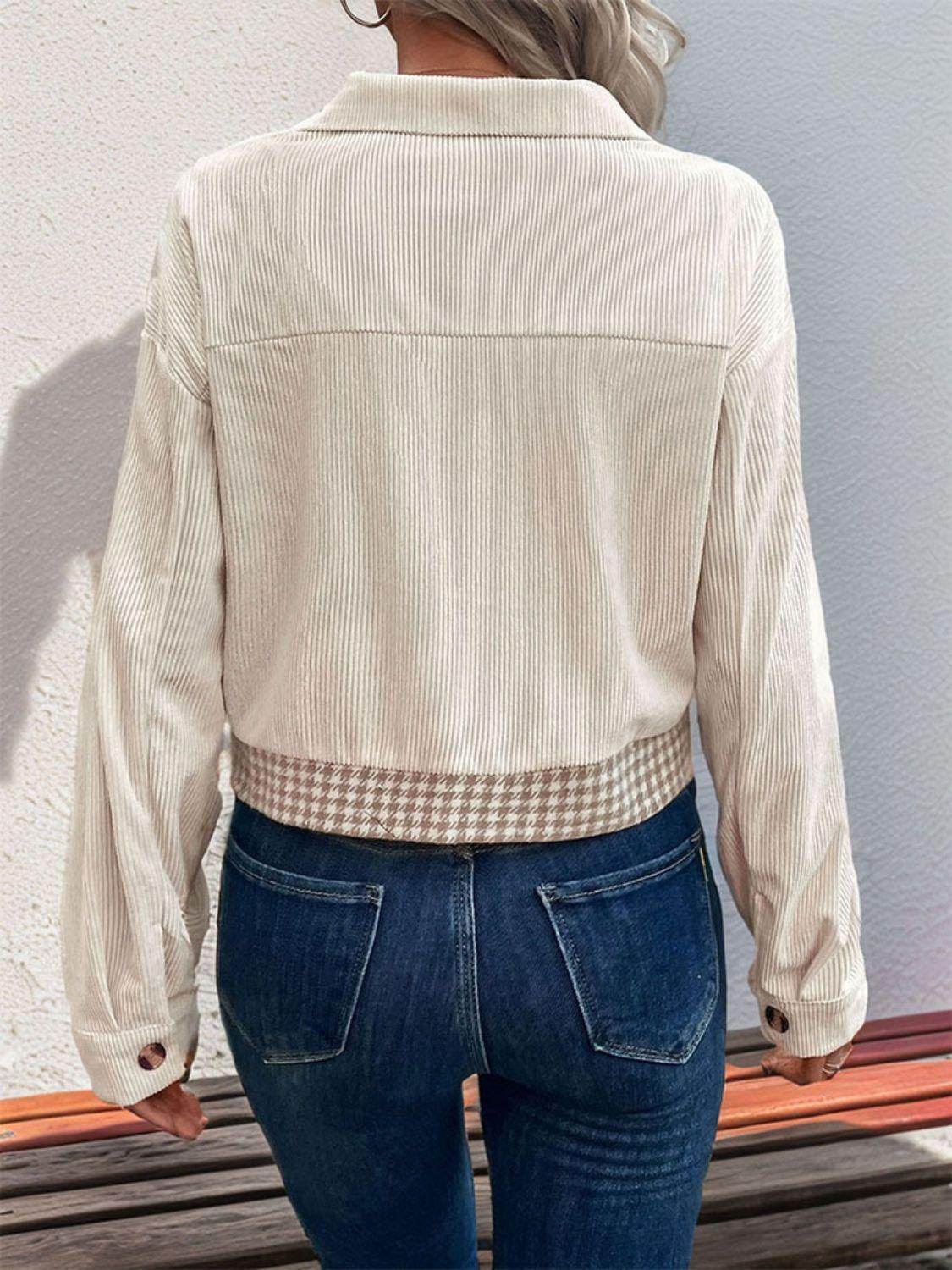 Perfee Pocketed Houndstooth Long Sleeve Jacket for Women