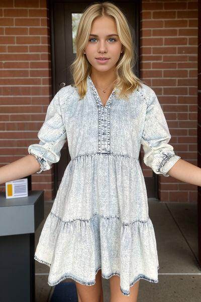 V-Neck Half Sleeve Mini Denim Dress for Casual Style