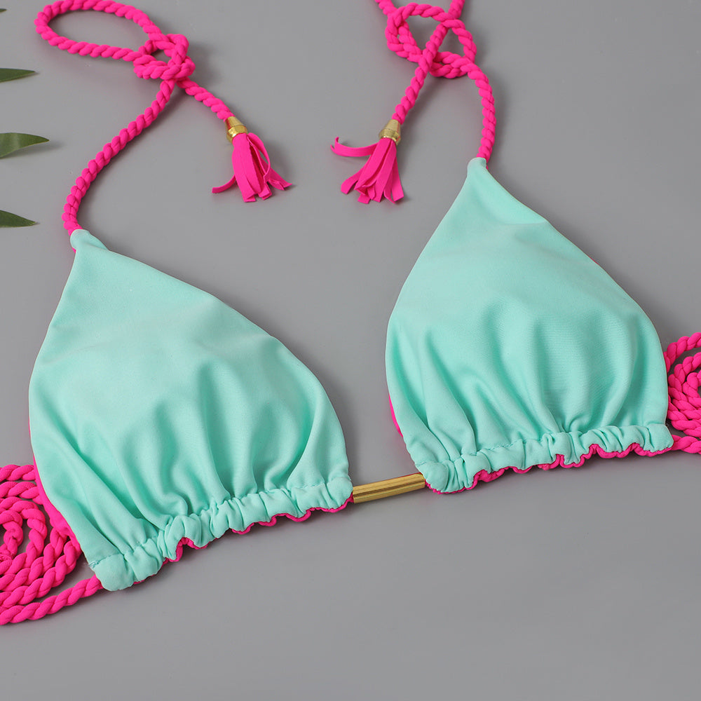 New Festival Flame Halter Bikini Set for Women – Triangle V-Neck Backless Two-Piece Swimsuit with Tie Side Bottoms &amp; Adjustable Lace-Up Fit – Sleek Polyamide Swimwear for Koningsdag/King’s Day &amp; Summer Beach Celebrations