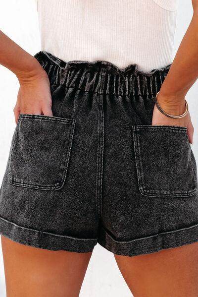 Stylish Paperbag Waist Denim Shorts with Pockets for Women