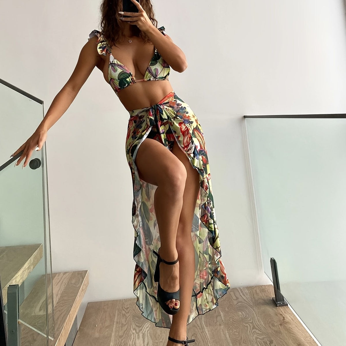 Bloom Breeze 3-Piece Bikini Set – Elegant High Cut Floral Fluttering Swimsuit with Lettuce Trim Tie Back Bandeau and Coordinating Cover Up Skirt – Women&