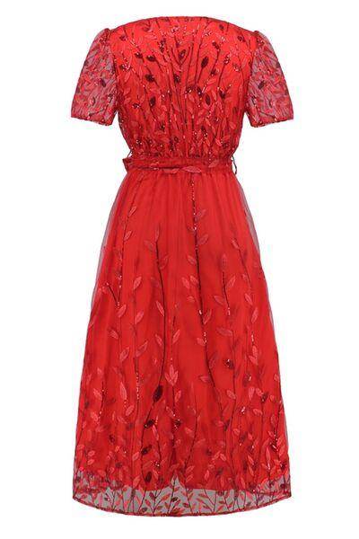 Sequin Leaf Embroidery Tie Front Short Sleeve Dress for Women