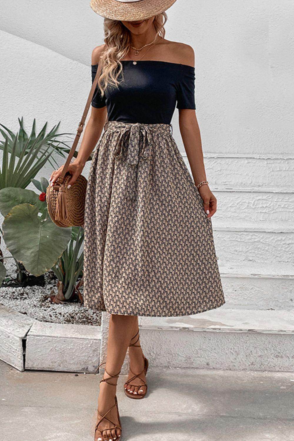 Perfee Printed Tie Belt Off-Shoulder Dress for Women