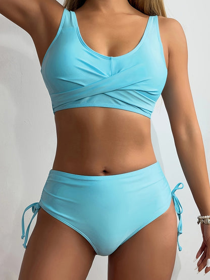 Bikini Twist Front V Neck High Waist 2 Piece Bikini Set for Women – Stretchy Tie Back Swimsuit with Drawstring Lace Up and Comfortable Fit – Trendy Solid Color Swimwear for Beach Days Pool Parties and Summer Vacations