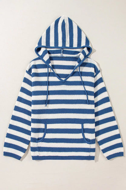 Stripe V Neck Pocketed Drawstring Hooded Sweater