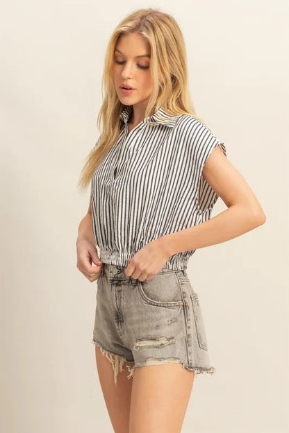 HYFVE Striped Elastic Hem Johnny Collar Cap Sleeve Blouse
