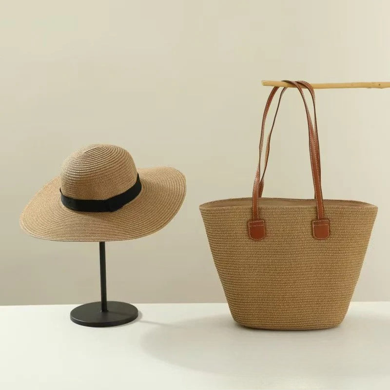 Straw Hat &amp; Tote Set – Beach Vacation Sun Protection Duo, Large Capacity Travel Tote