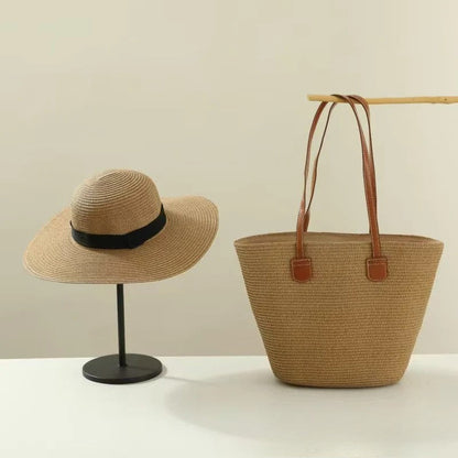 Straw Hat &amp; Tote Set – Beach Vacation Sun Protection Duo, Large Capacity Travel Tote