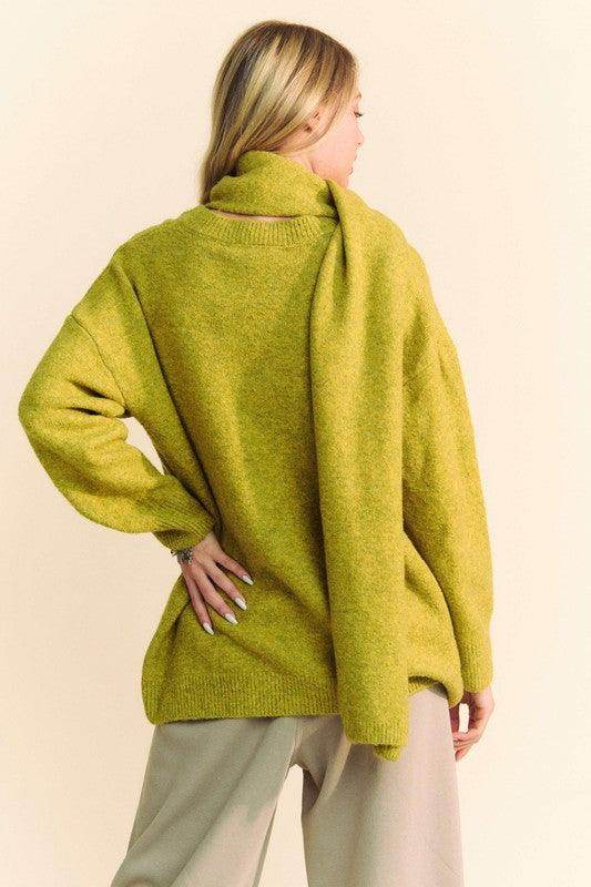 Davi &amp; Dani V-Neck Dropped Shoulder Sweater with Scarf