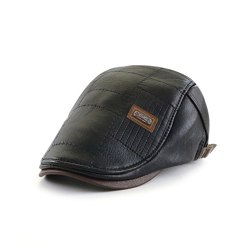Fashionable All-match PU Leather Peaked Cap Fleece-lined Warm
