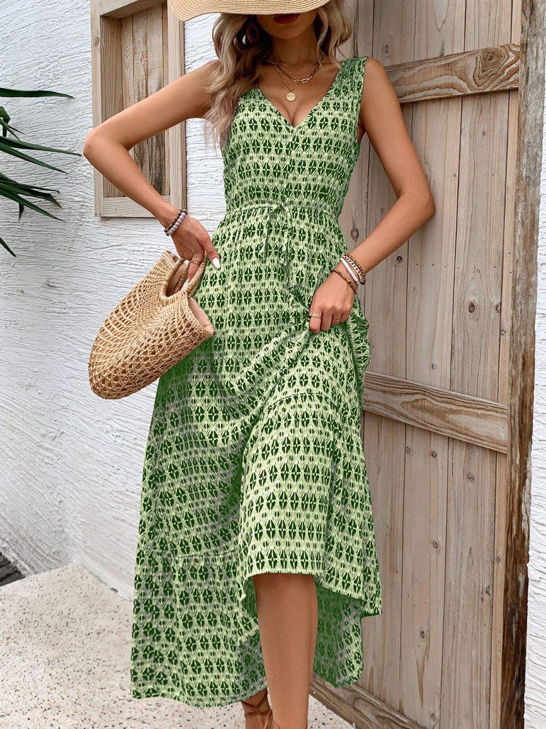 Printed V-Neck Tie Waist Midi Dress