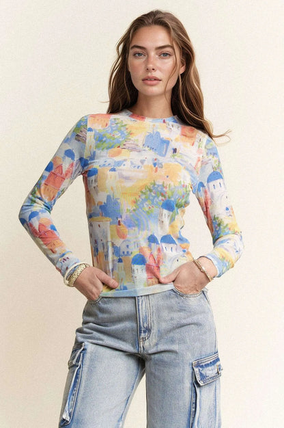 Davi &amp; Dani Multi Printed Mesh Round Neck Long Sleeve Top