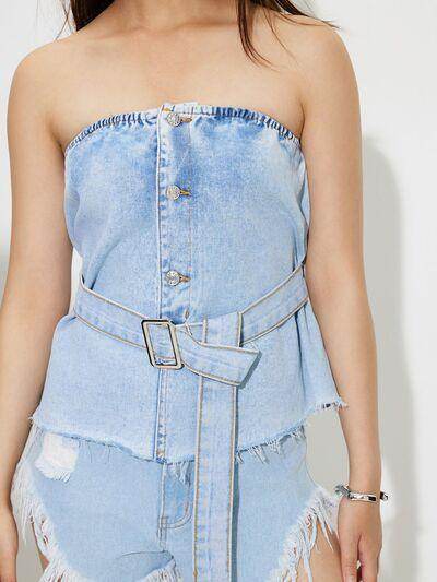 Buttoned Raw Hem Tube Denim Top for Stylish Comfort