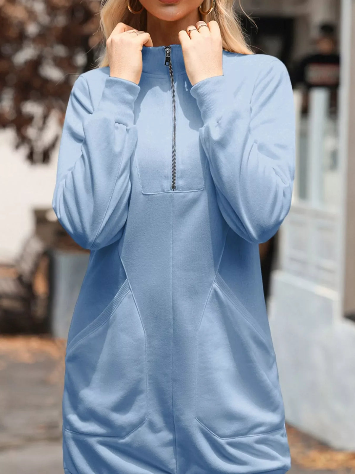 Zip Up Collared Ribbed Patchwork Sweatshirt Dress with Pockets