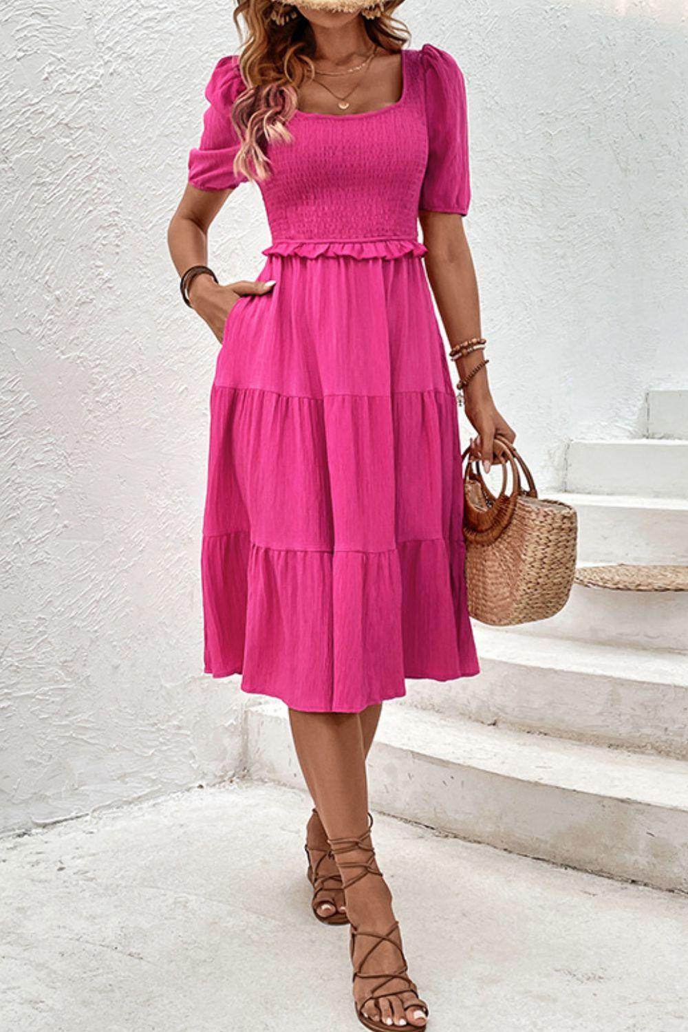 Perfee Square Neck Puff Sleeve Cutout Dress for Women