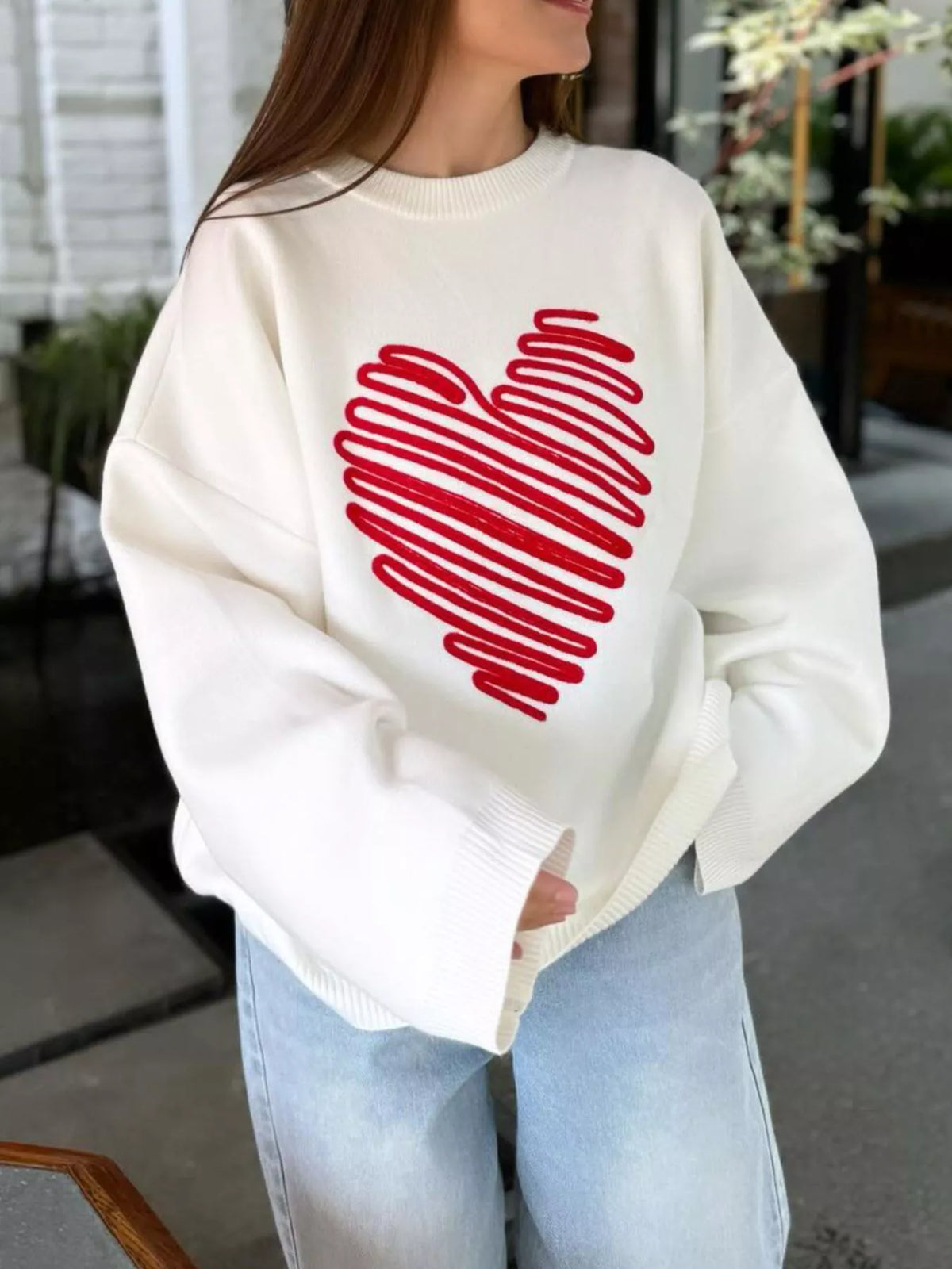 Heart Round Neck Oversized Sweater