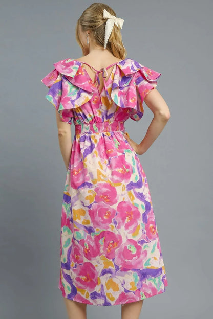 Umgee Floral Ruffled Cap Sleeve Midi Dress