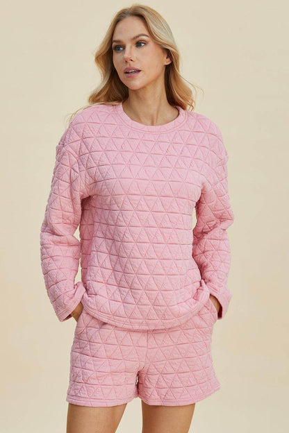 Double Take Full Size Texture Round Neck Long Sleeve Top and Shorts Set for Women