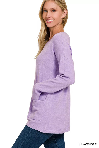 Zenana Viscose Long Sleeve Front Pockets Sweater