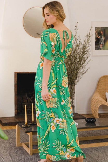 ODDI Full Size Floral Smocked Tied Back Maxi Dress Style