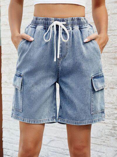 Drawstring Denim Shorts with Pockets for Women Fashion