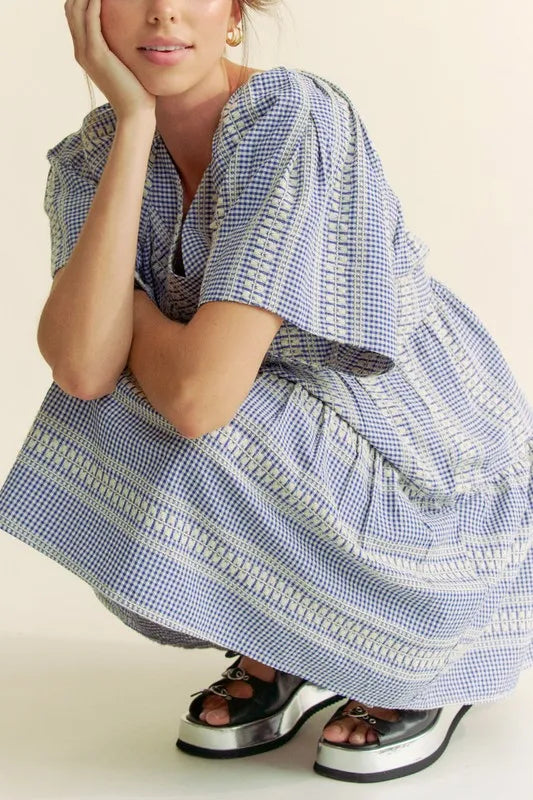 Davi &amp; Dani Embroidered Stripe Ruffled Gingham Mini Dress