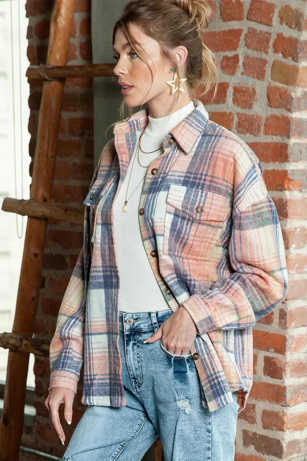 Pink &amp; Grey Button Up Plaid Flannel Shacket – Femstylo