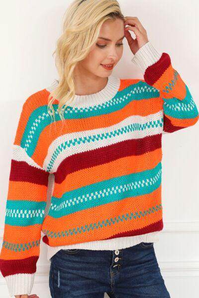 Contrast Striped Round Neck Long Sleeve Sweater for Women