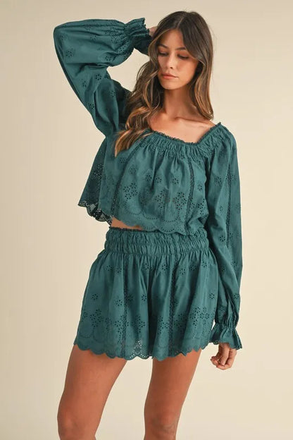 MABLE Embroidered Scalloped Lace Top and Short Set