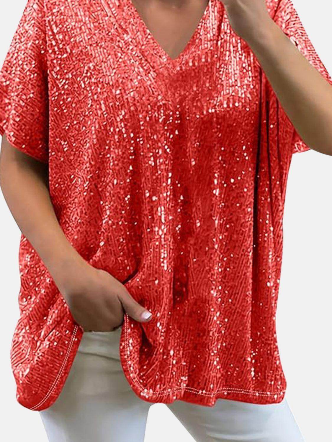 Full Size Sequin V-Neck Short Sleeve Top for Women