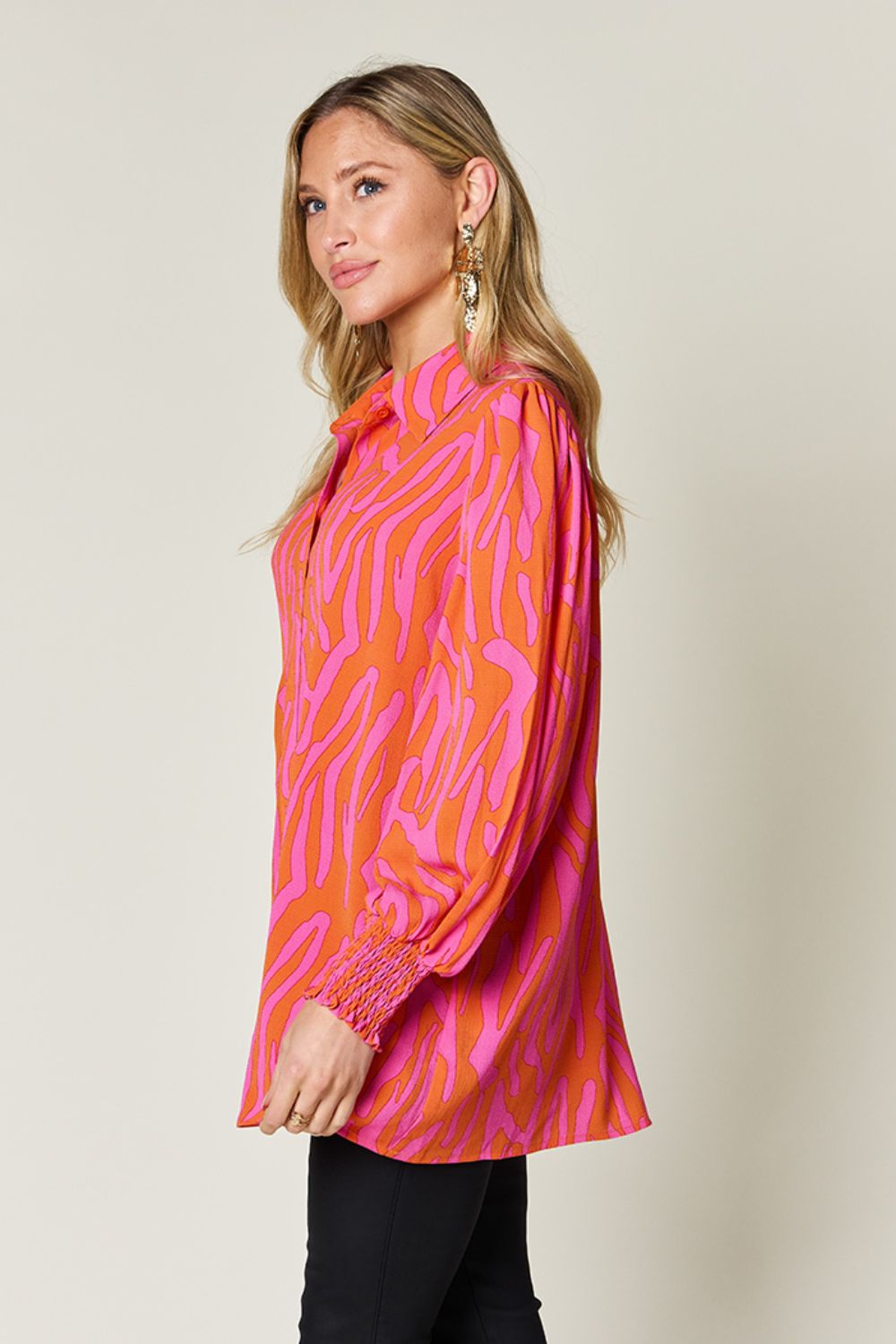 Smocked Long Sleeve Top with Alluring Print