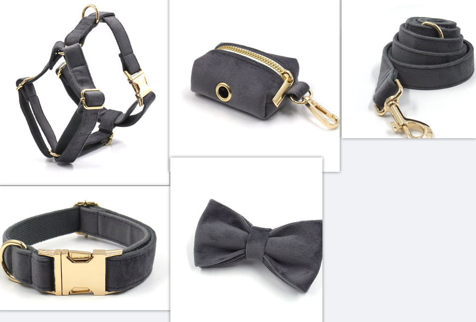 Dark Grey Velvet Pet Collar Leash
