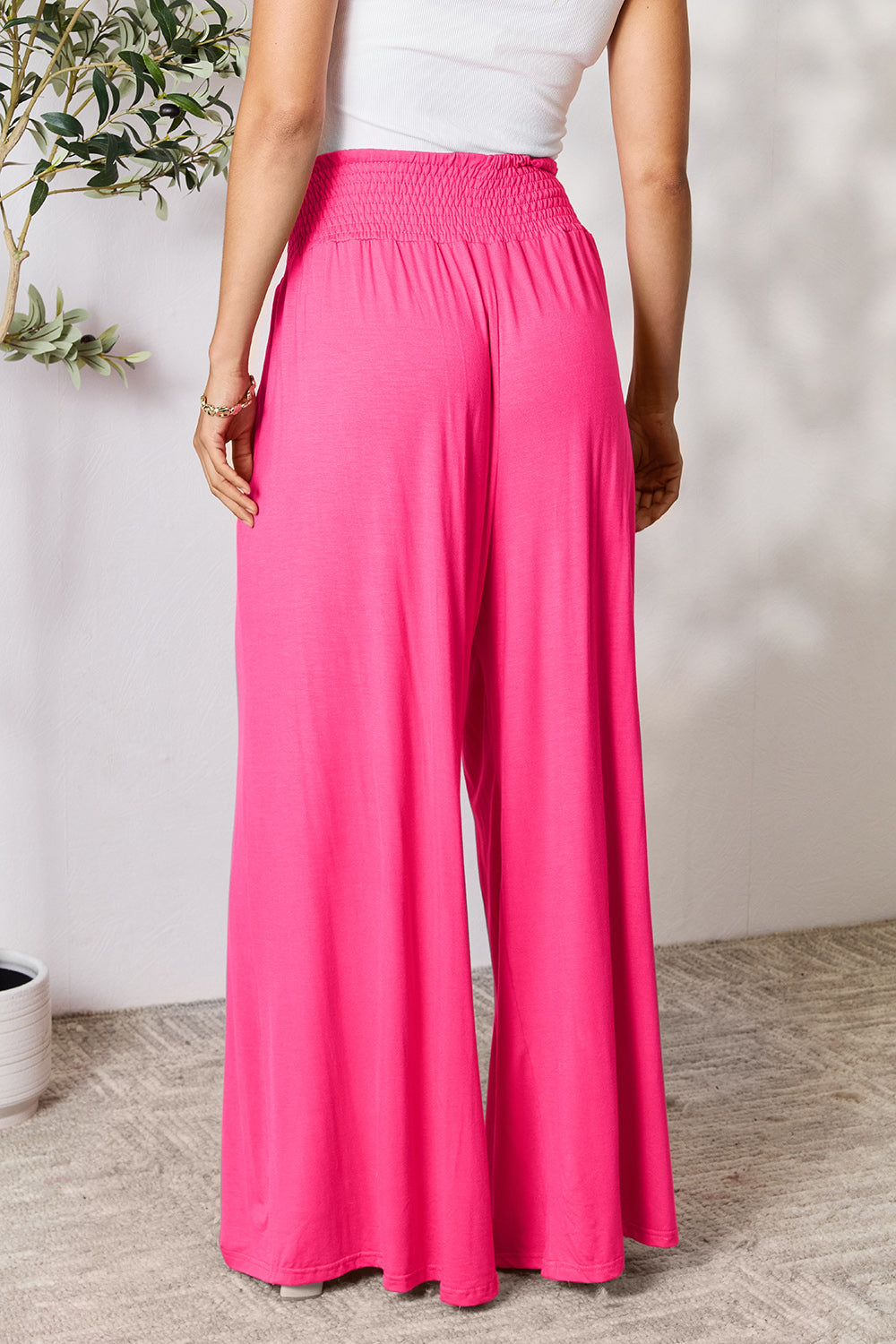 Smocked High-Waist Wide Leg Pants