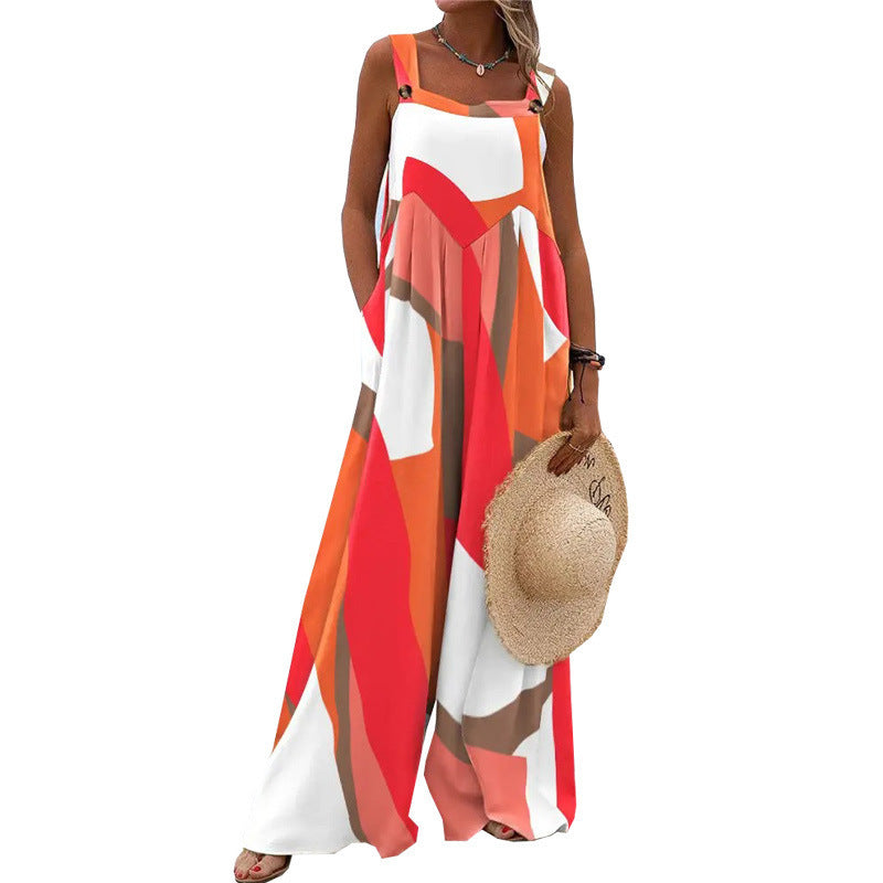 Womens Printed Sleeveless Loose Casual Wide-Leg Pants