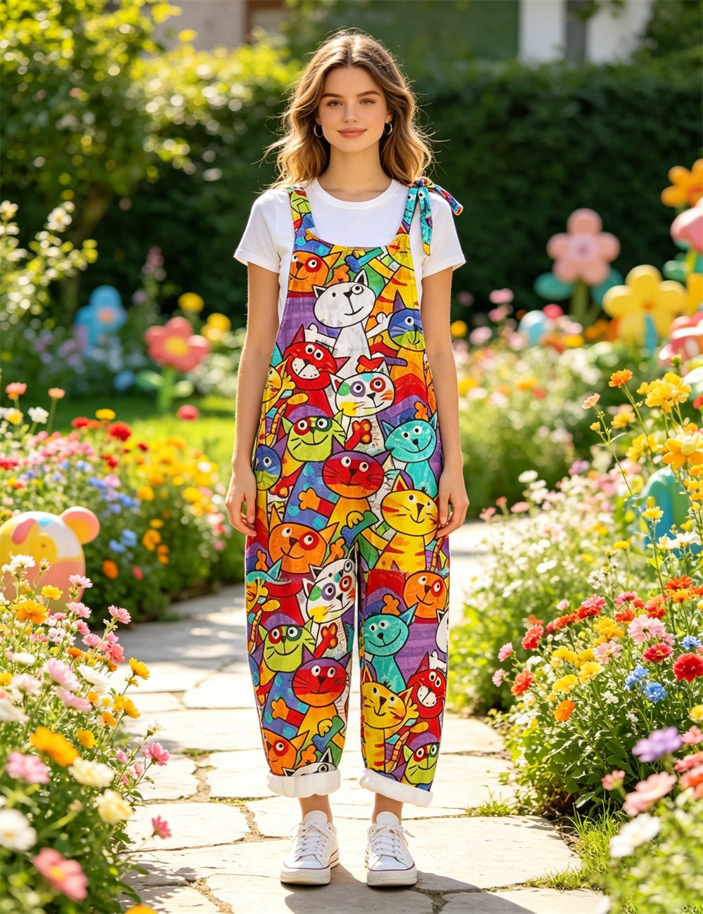 Women Colorful Graffiti Black Cat Print Tie Strap Overalls, Loose Wide Leg Rolled Cuff Casual Jumpsuit With Pockets