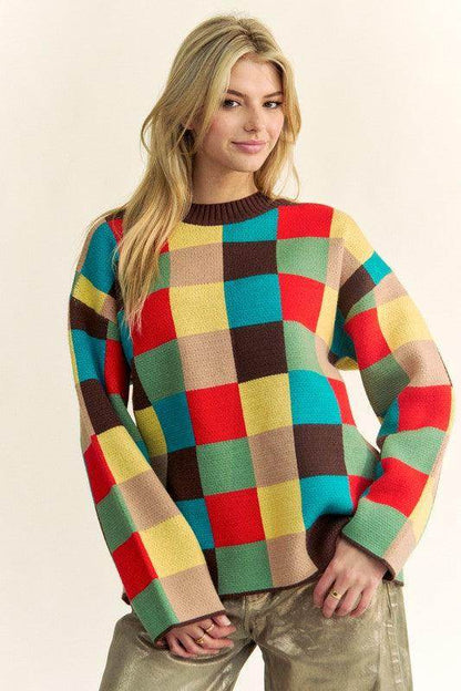 Davi &amp; Dani Color Block Checkered Dropped Shoulder Sweater