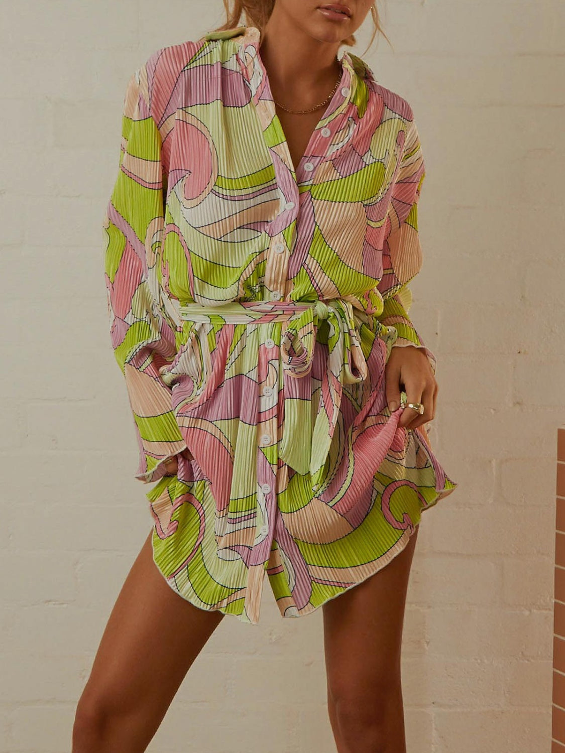 Tied Button-Up Long Sleeve Dress