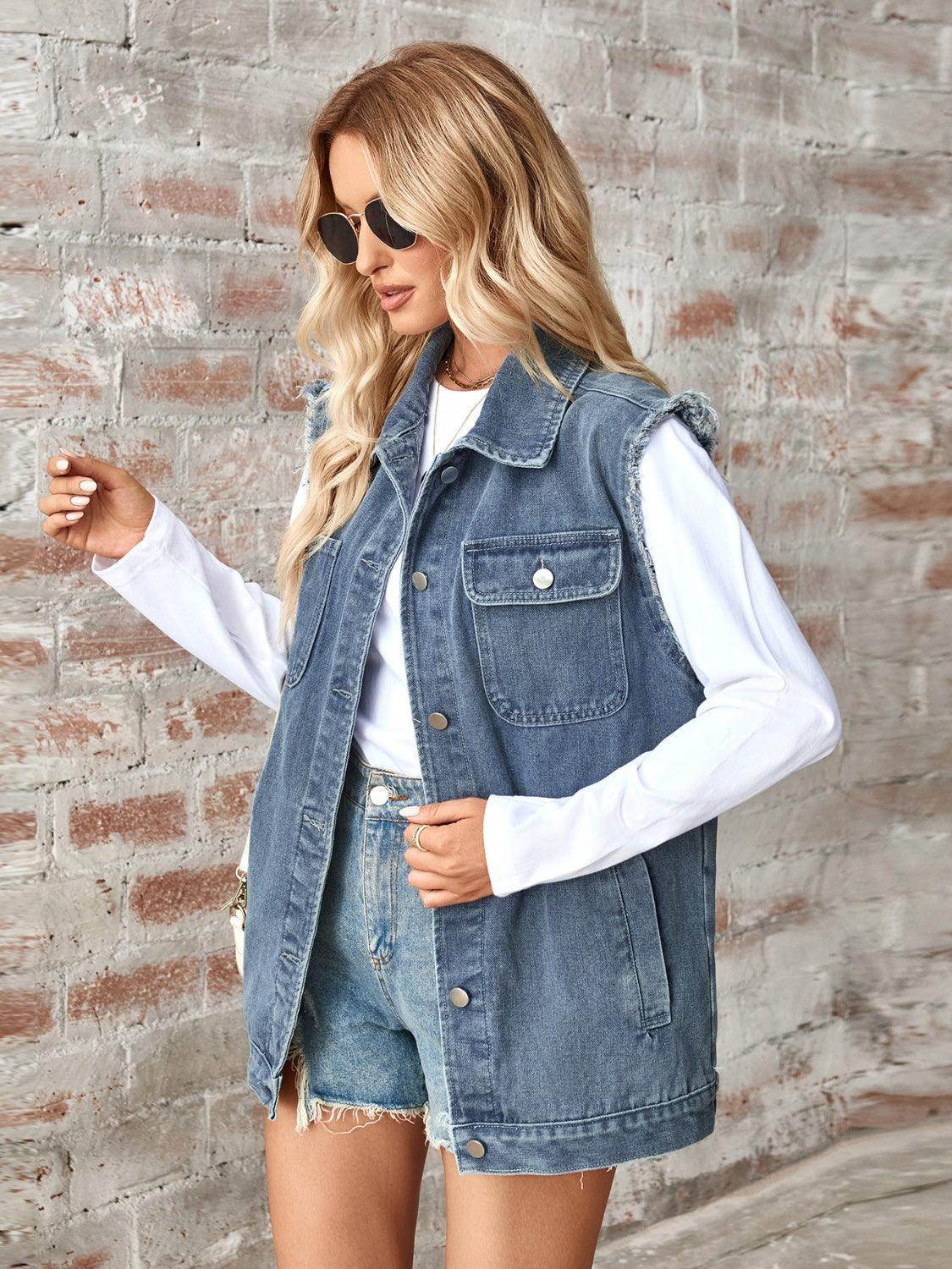 Raw Hem Sleeveless Button Up Denim Jacket for Women