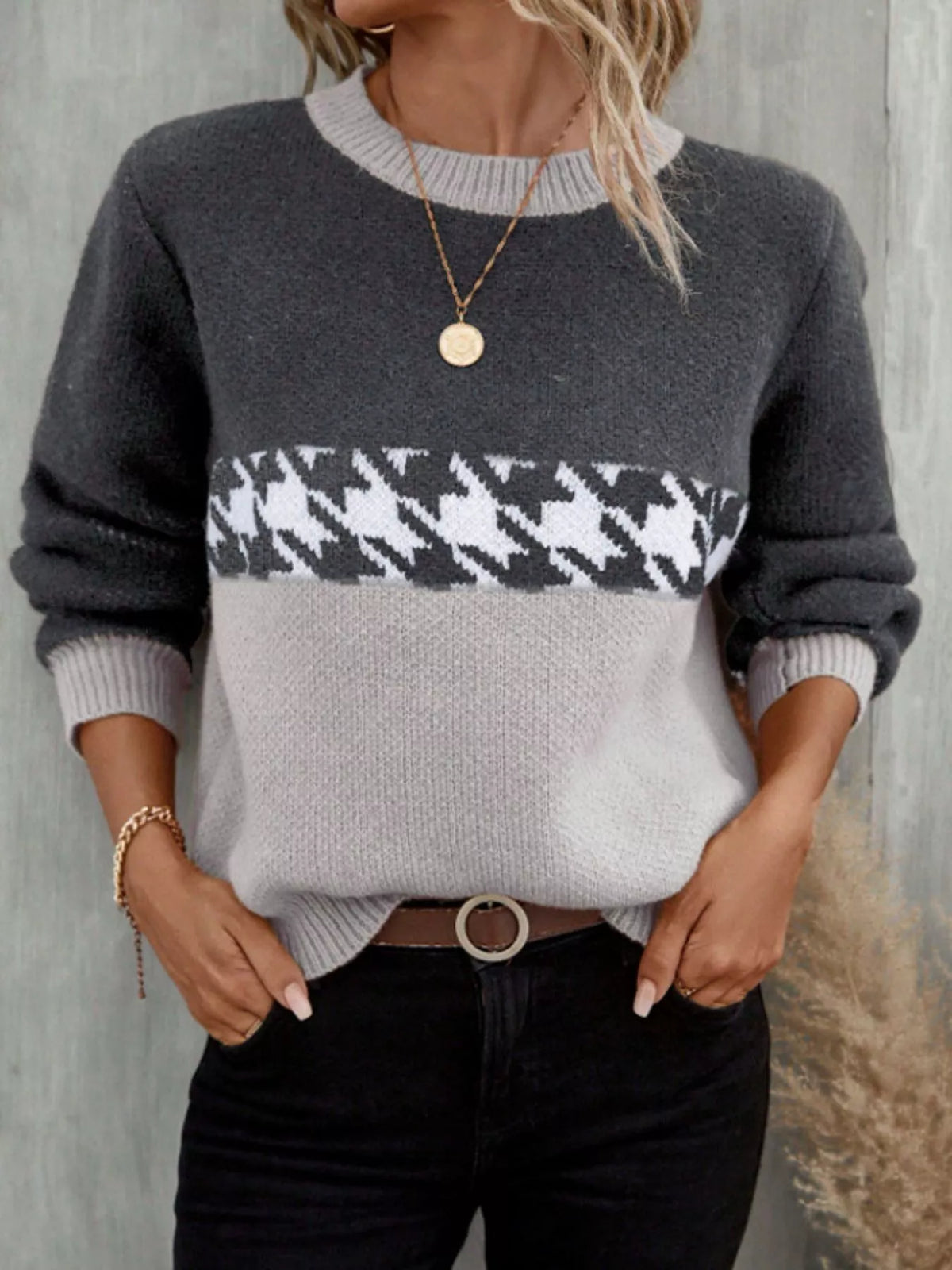 Houndstooth Pattern Color Block Sweater