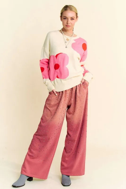 Davi &amp; Dani Rhinestone Drawstring Wide Leg Pants