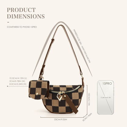 Small Crossbody Bag – Versatile Commute with Checkerboard Canvas, Compact Earphone Bag, Stylish 2-in-1 Chest Bag &amp; Fanny Pack for Everyday Use